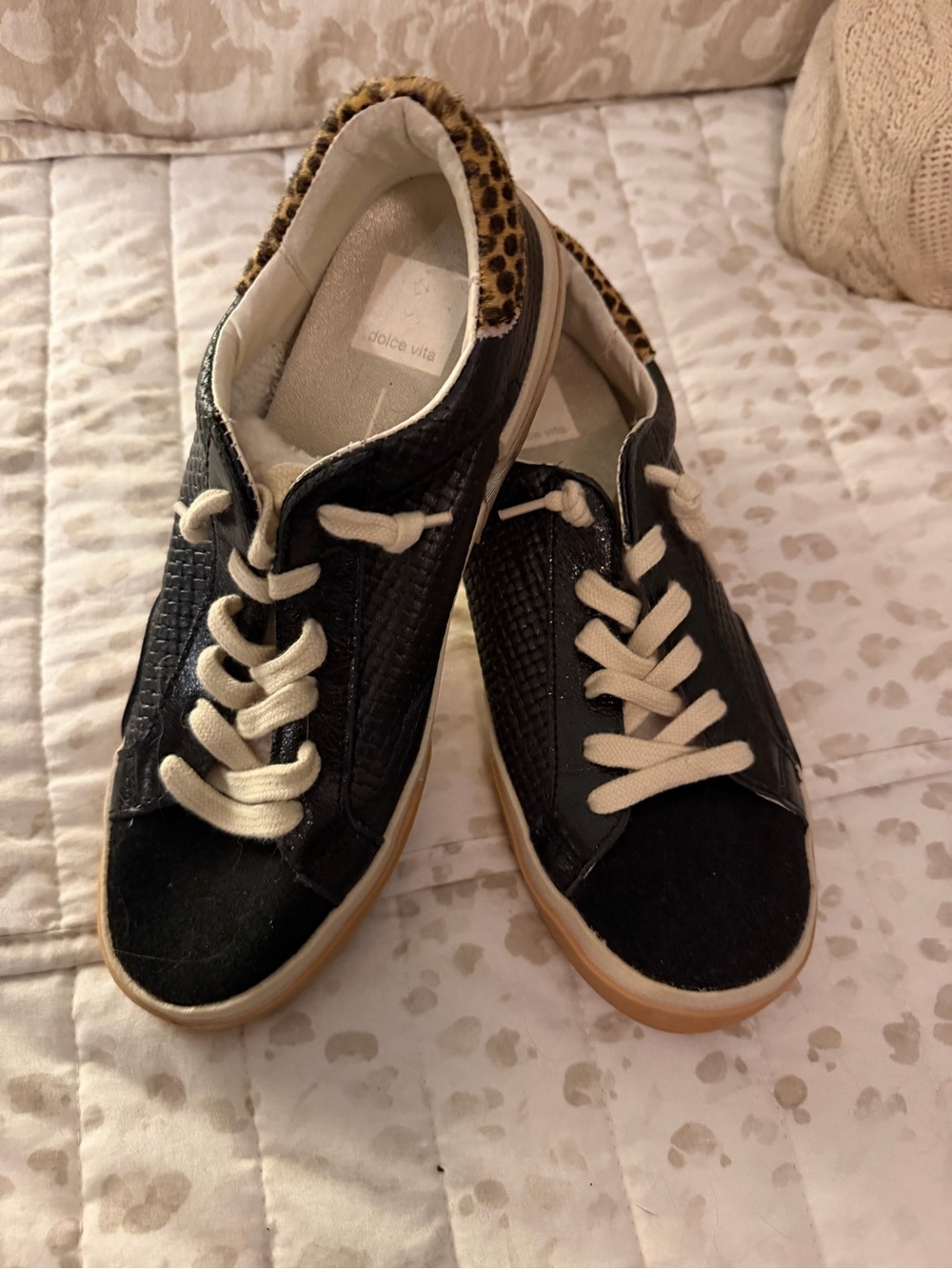 Dolce Vita Women's Black Leopard-Trim Low Top Sneakers
